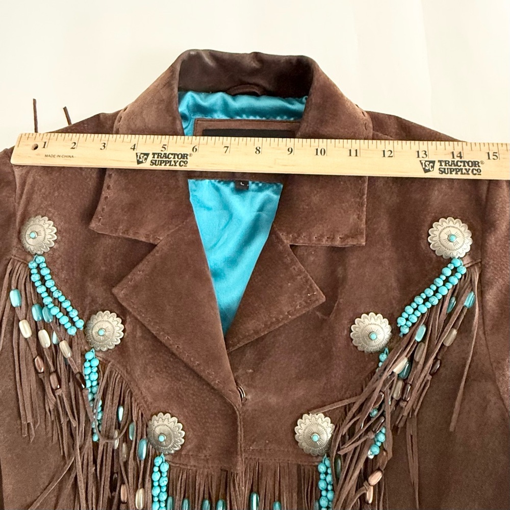 Vintage SAGUARO Brown Suede Leather Beaded Fringe Cowboy Western Jacket Size L - Picture 7 of 16